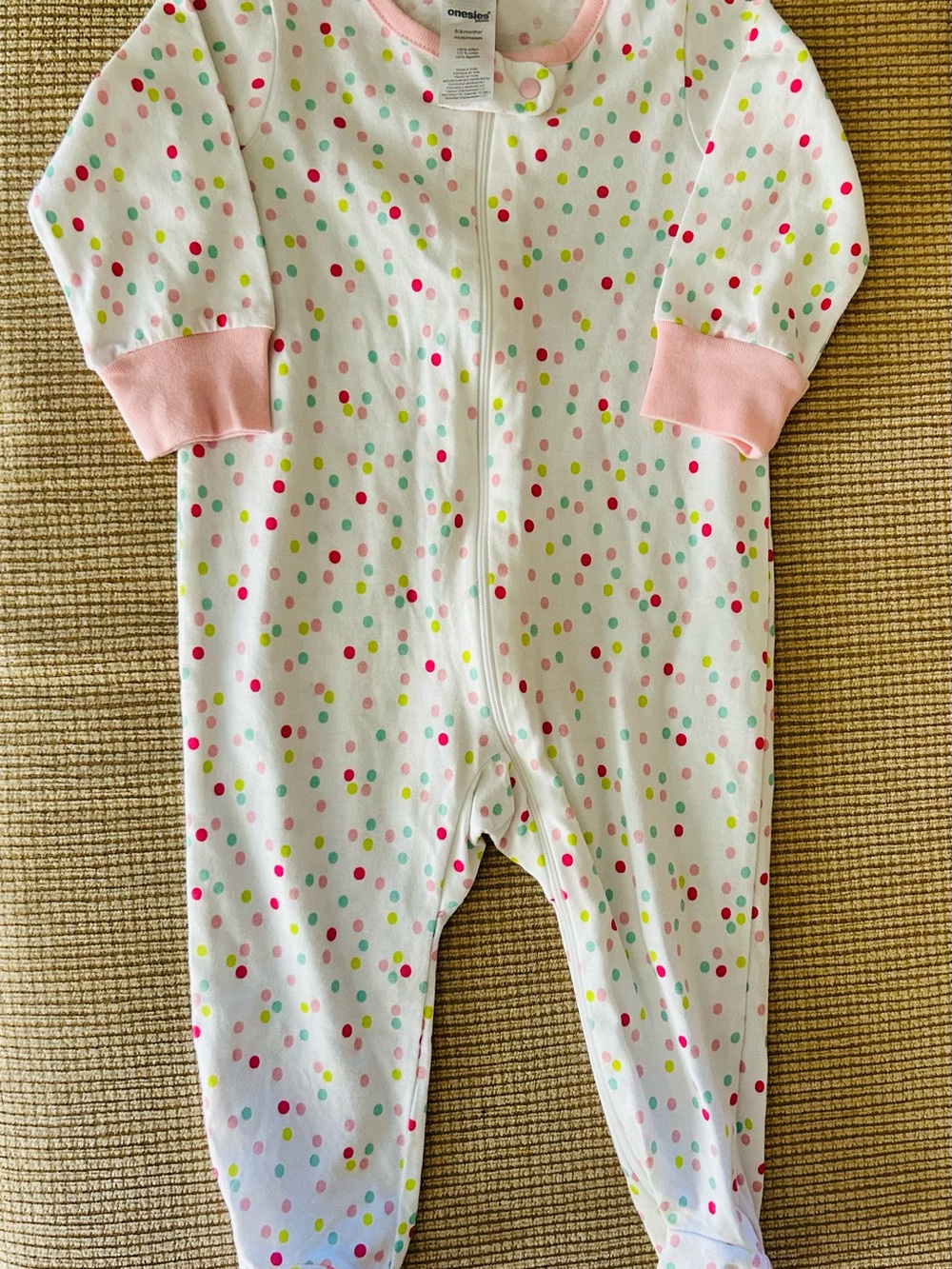 White Polka Dot‎ Zip-Front Baby One-Piece with Pink Trim